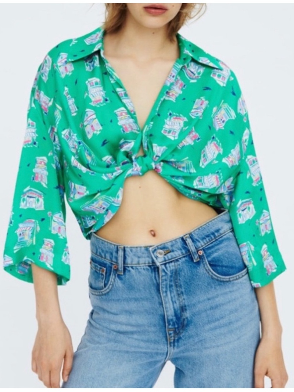 Zara Knotted Satin Printed Green Crop Shirt Size S NWT